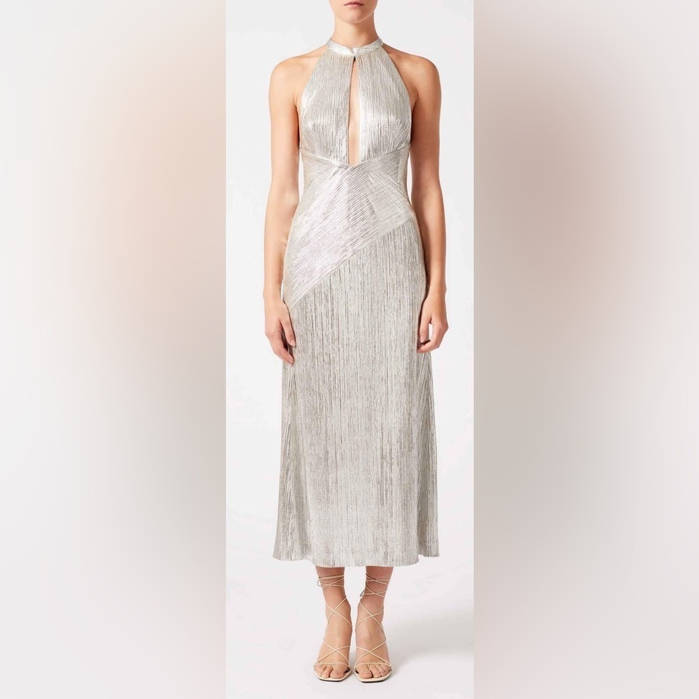 NWT Galvan London Metallic Jersey Halter Midi Dress Platinum Silver Sz 10